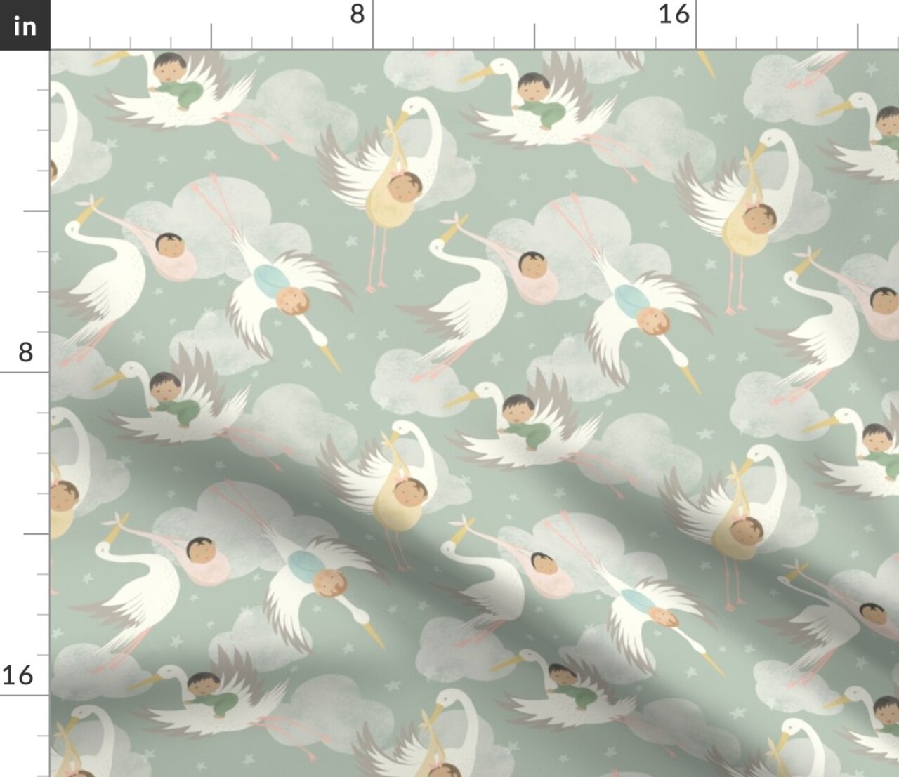 Stork And Baby Sage Green Baby Nursery Pastel Whimsical Cute Toddler Kid Custom Printed Fabric by Spoonflower Various Fabrics by the Yard or Fat Quarter